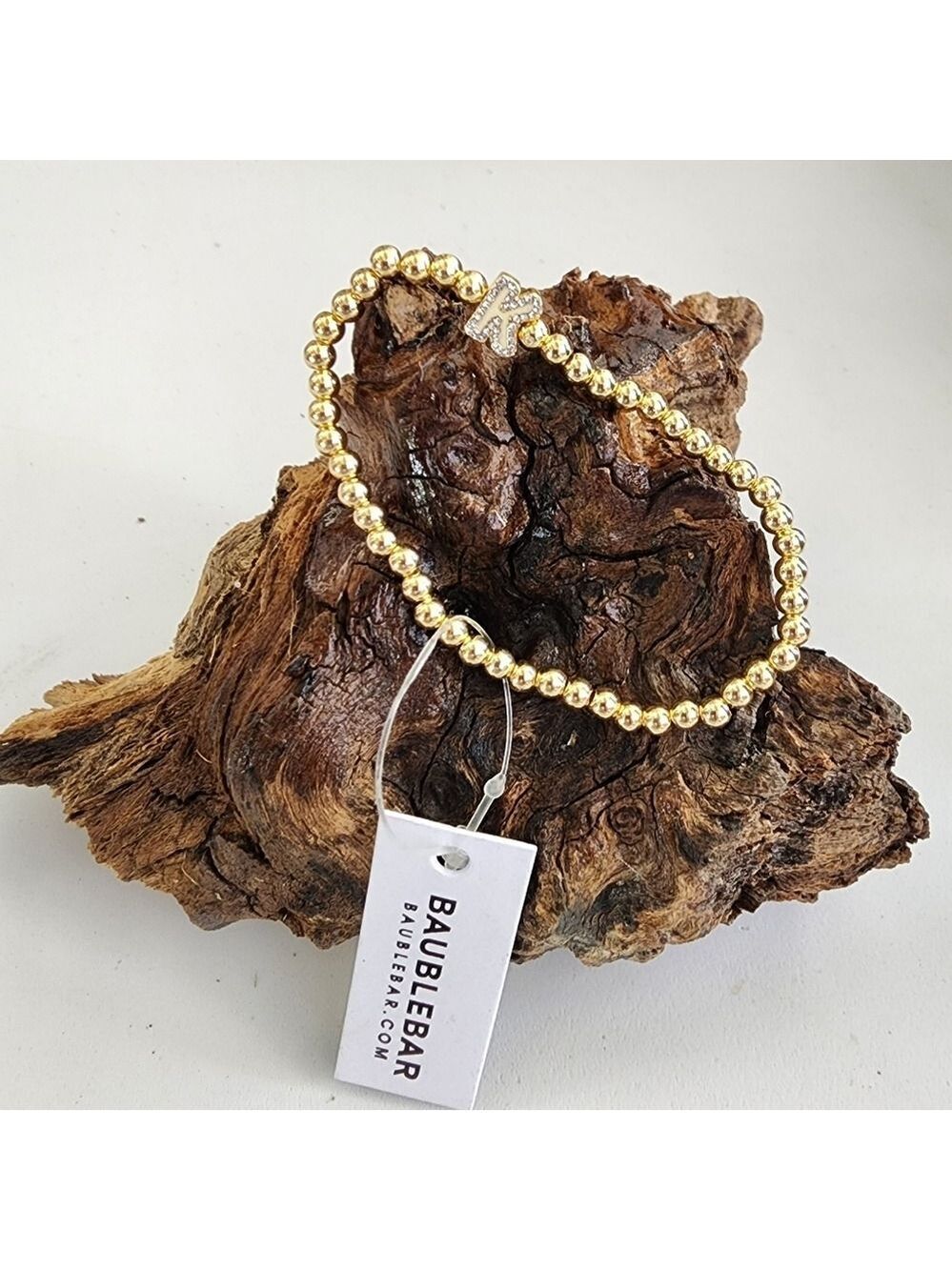 BaubleBar Goldtone rhinestone "K" Initial Beaded Stretch Bracelet
